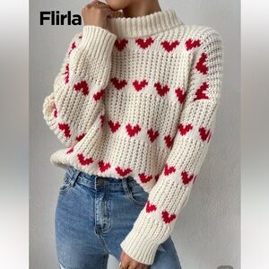 SHEIN Cream and Red Heart Knit Sweater